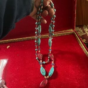 Vibrant Turquoise and Red Beaded Necklace